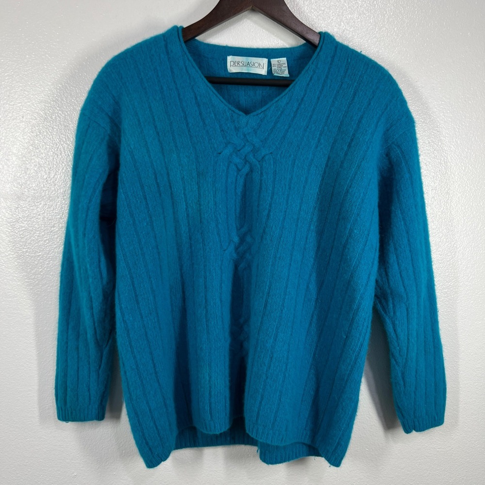 Persuasion Angora‎ Sweater V Neck Lambswool Blend Teal Blue Cable Knit Large